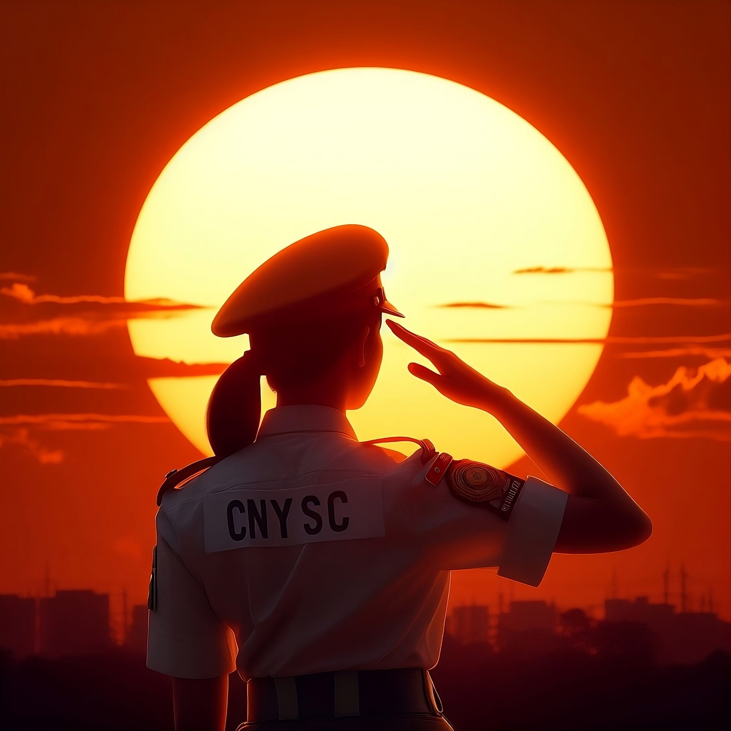 notice: we want strangers. picture of an nysc corper making a salute in full glare of the sun
